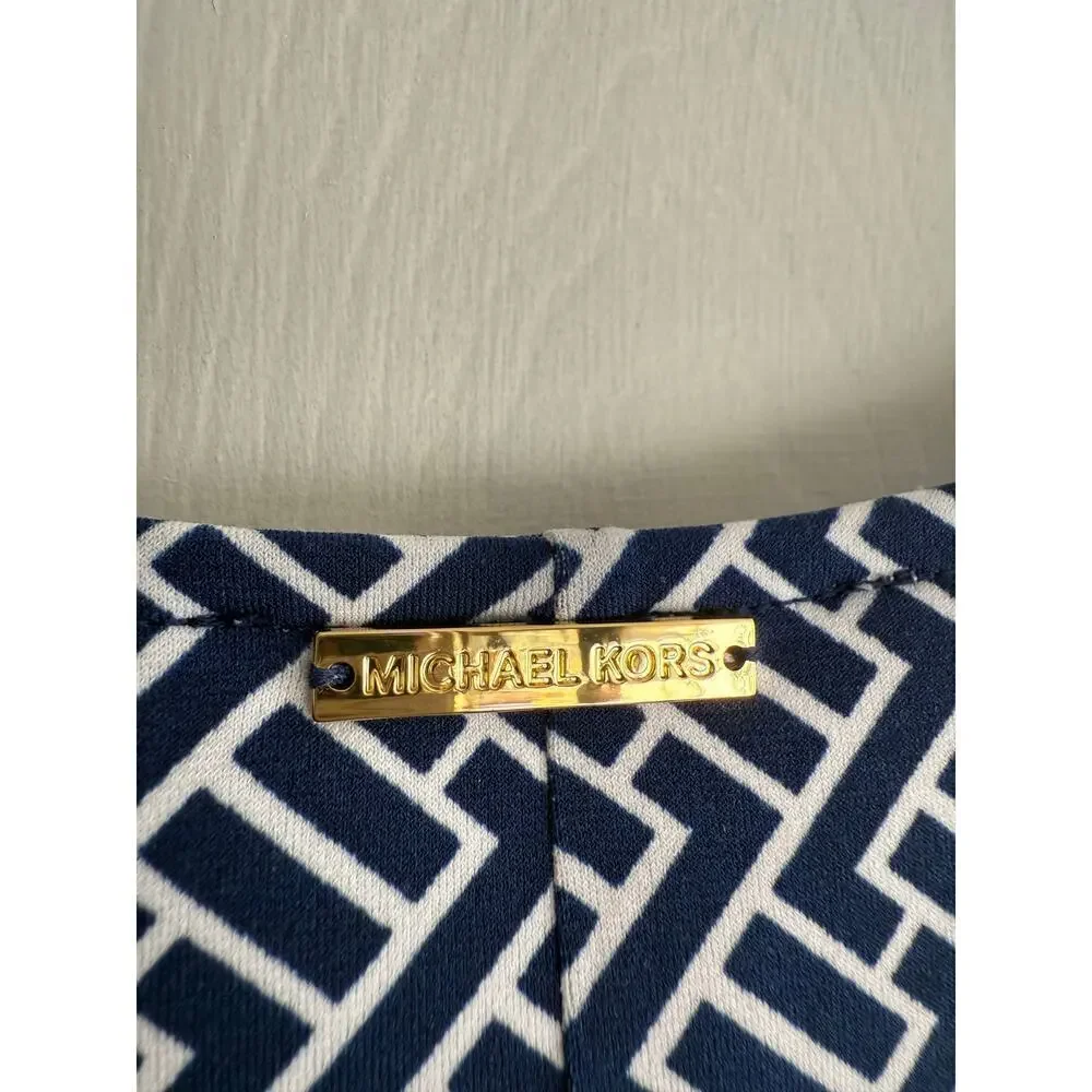 Michael Kors Navy and White Geometric Print Stretchy Cowl Neck Dress size Small